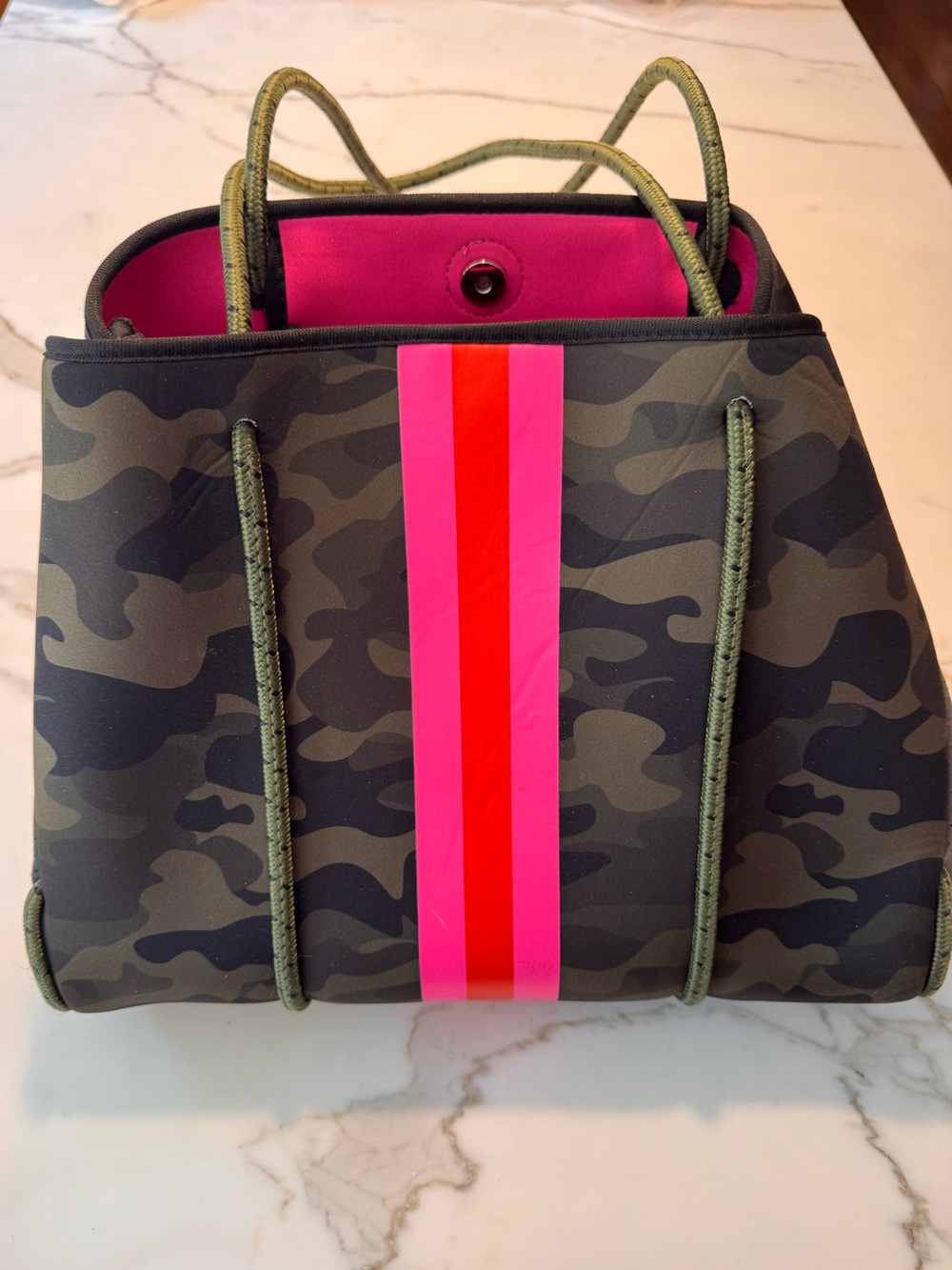 Camouflage Neoprene Tote and Companion Pouch with Pink & Red Stripe
